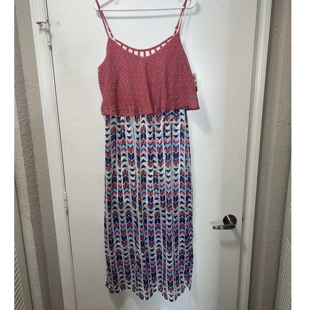 Accidentally in Love Women XL Maxi Dress Red Blue Geometric Popover NWT